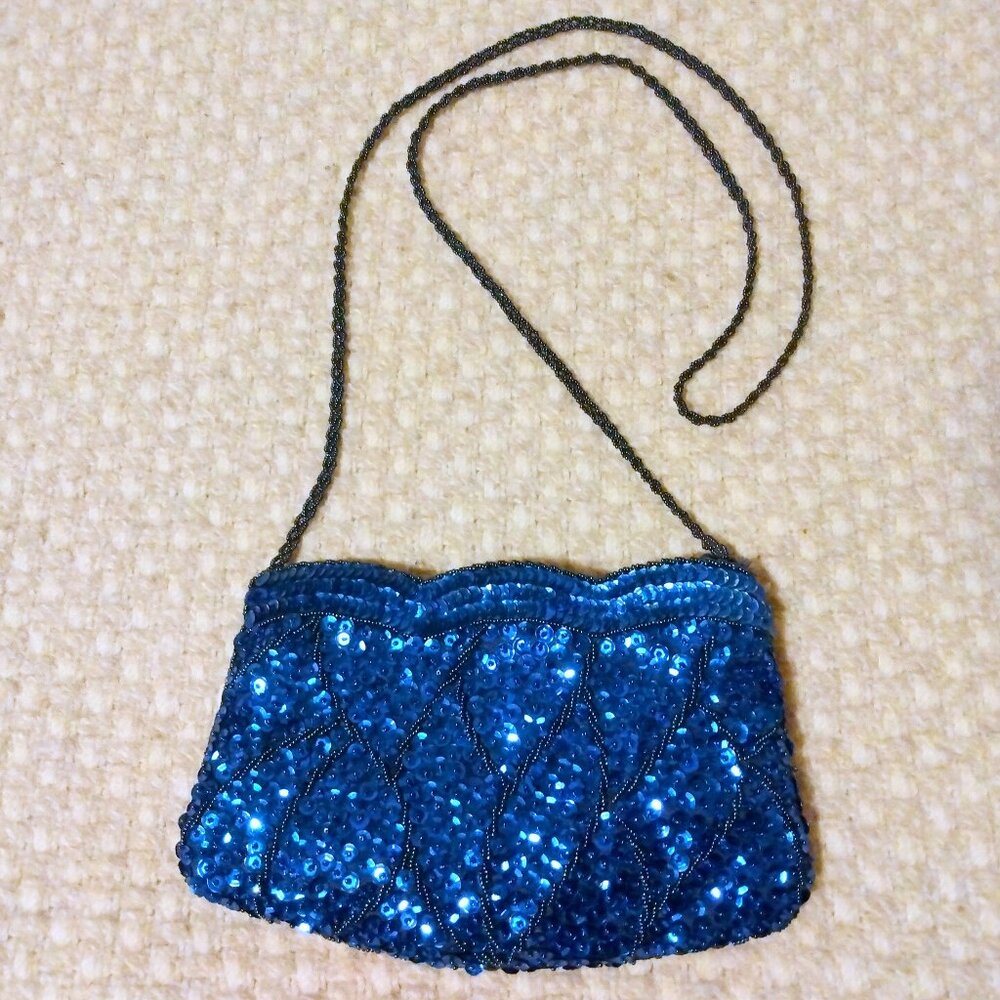 La Regale Royal Blue Beaded Sequin Evening Clutch Glam Y2K Cocktail Party Prom